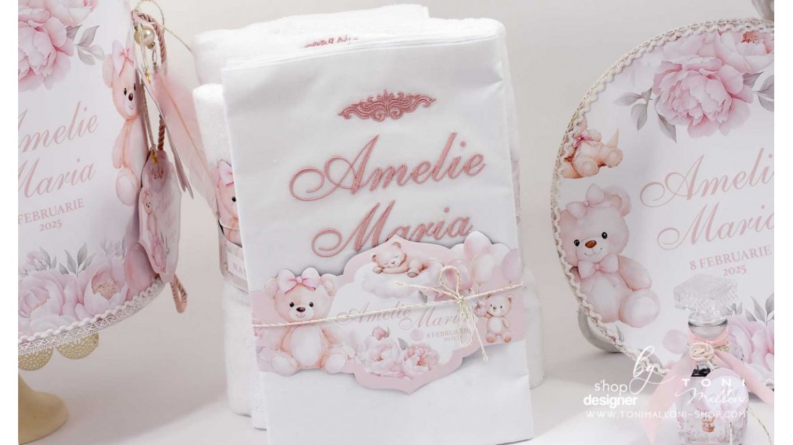 Trusou botez cu ursuleti si hortensii Teddy Bear Pink 13
